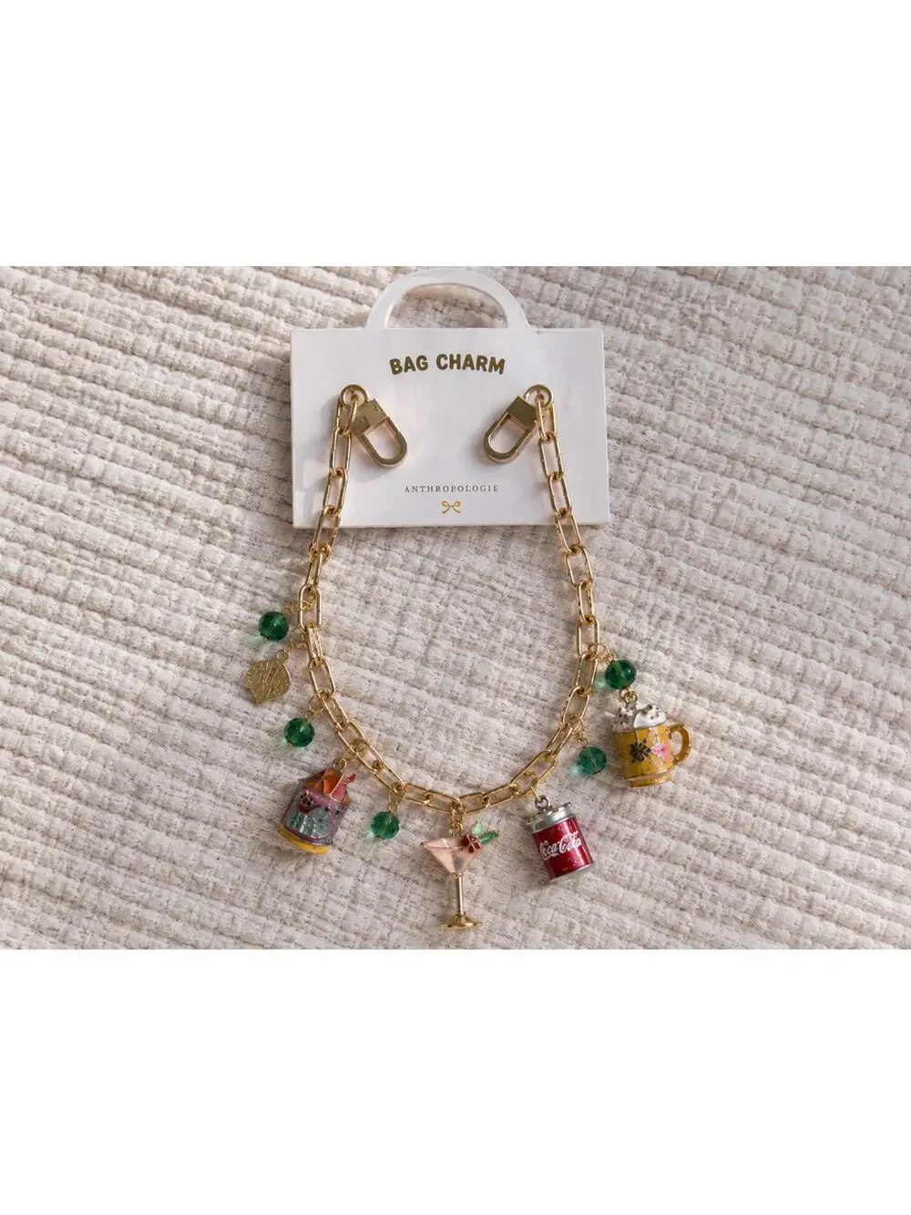 Anthropologie Bag Charm Chain Coca Cola Martini Coffee Mug Purse NWT Gold Tone